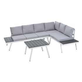 Industrial 5-Piece Aluminum Outdoor Patio Furniture Set; Modern Garden Sectional Sofa Set with End Tables; Coffee Table and Furniture Clips for Backya