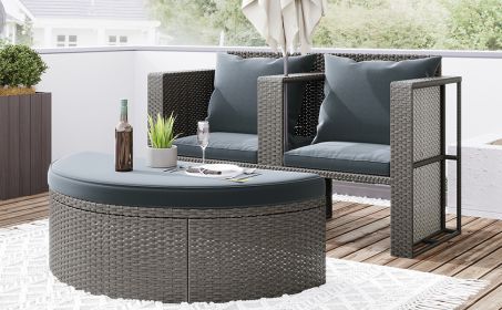 TOPMAX 2-Piece All-Weather PE Wicker Conversation Set Rattan Sofa Set Outdoor Patio Half-moon Sectional Furniture Set w/ Side Table for Umbrella, Gray