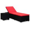 Sun Lounger with Cushion and Tea Table Poly Rattan Red