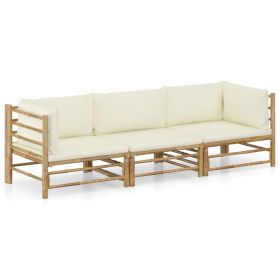 3 Piece Patio Lounge Set with Cream White Cushions Bamboo