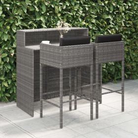 3 Piece Patio Bar Set with Cushions Poly Rattan Gray