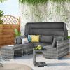 5 Pieces Outdoor Sectional Patio Rattan Sofa Set Rattan Daybed ; PE Wicker Conversation Furniture Set w/ Canopy and Tempered Glass Side Table; Gray