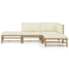 4 Piece Patio Lounge Set with Cream White Cushions Bamboo