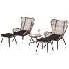 Outdoor Patio 5-Piece Rattan Conversation Set, PE Wicker Arm Chairs with Stools and Tempered Glass Tea Table for Balcony, Natural Rattan+Dark Gray