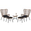 TOPMAX Outdoor Patio 5-Piece Rattan Conversation Set; PE Wicker Arm Chairs with Stools and Tempered Glass Tea Table for Balcony; Natural Rattan+Dark G