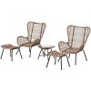 TOPMAX Outdoor Patio 5-Piece Rattan Conversation Set; PE Wicker Arm Chairs with Stools and Tempered Glass Tea Table for Balcony; Natural Rattan+Dark G