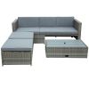 4-piece Outdoor Backyard Patio Rattan Sofa Set, All-weather PE Wicker Sectional Furniture Set with Retractable Table, Gray