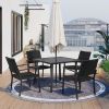 Outdoor Patio PE Wicker 5-Piece Dining Table Set with Umbrella Hole and 4 Dining Chairs for Garden, Deck,Black Frame+Black Rattan