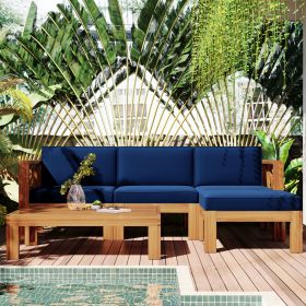 Outdoor Backyard Patio Wood 5-Piece Sectional Sofa Seating Group Set with Cushions; Natural Finish+ Beige Cushions (Color: Blue)