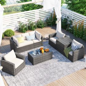 Patio Furniture Sets;  7-Piece Patio Wicker Sofa ;  Cushions;  Chairs ;  a Loveseat ;  a Table and a Storage Box (Color: Beige)