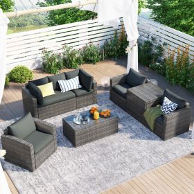 Patio Furniture Sets;  7-Piece Patio Wicker Sofa ;  Cushions;  Chairs ;  a Loveseat ;  a Table and a Storage Box (Color: Gray)