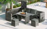 Outdoor 6-Piece All Weather PE Rattan Sofa Set, Garden Patio Wicker Sectional Furniture Set with Adjustable Seat, Storage Box, Removable Covers and Te