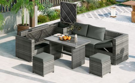 Outdoor 6-Piece All Weather PE Rattan Sofa Set, Garden Patio Wicker Sectional Furniture Set with Adjustable Seat, Storage Box, Removable Covers and Te (Color: Grey)