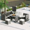 Outdoor 6-Piece All Weather PE Rattan Sofa Set, Garden Patio Wicker Sectional Furniture Set with Adjustable Seat, Storage Box, Removable Covers and Te