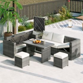 Outdoor 6-Piece All Weather PE Rattan Sofa Set, Garden Patio Wicker Sectional Furniture Set with Adjustable Seat, Storage Box, Removable Covers and Te (Color: Beige)