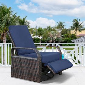 Outdoor Patio Rattan Wicker Swivel Recliner Chair;  Adjustable Reclining Chair 360Â¬âˆž Rotating with Water Resistant Cushions (Color: Navy Blue)