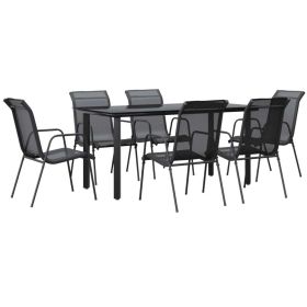 7 Piece Patio Dining Set Black Steel and Textilene (Color: Black)