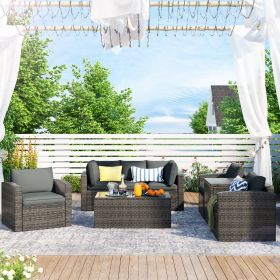 Patio Furniture Sets, 7-Piece Patio Wicker Sofa , Cushions, Chairs , a Loveseat , a Table and a Storage Box (Color: Gray)