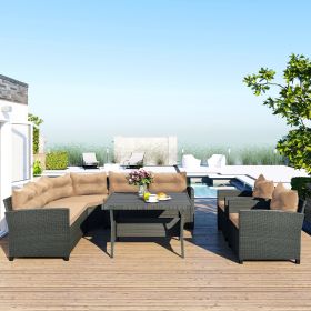 6-Piece Outdoor Wicker Sofa Set, Patio Rattan Dinning Set, Sectional Sofa with Thick Cushions and Pillows, Plywood Table Top, For Garden, Yard, Deck. (Color: Beige)