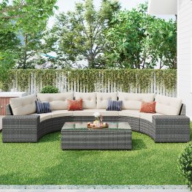 8-pieces Outdoor Wicker Round Sofa Set, Half-Moon Sectional Sets All Weather, Curved Sofa Set With Rectangular Coffee Table, PE Rattan Water-resistant (Color: Beige)