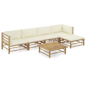 6 Piece Patio Lounge Set with Cream White Cushions Bamboo (Color: Brown)