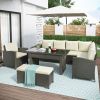 Patio Furniture Set;  6 Piece Outdoor Conversation Set;  Dining Table Chair with Bench and Cushions