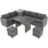 Outdoor 6-Piece All Weather PE Rattan Sofa Set, Garden Patio Wicker Sectional Furniture Set with Adjustable Seat, Storage Box, Removable Covers and Te