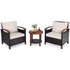 3 Pieces Patio Rattan Furniture Set with Washable Cushion and Acacia Wood Tabletop