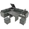 Outdoor 6-Piece All Weather PE Rattan Sofa Set, Garden Patio Wicker Sectional Furniture Set with Adjustable Seat, Storage Box, Removable Covers and Te