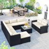 9-piece Outdoor Patio Large Wicker Sofa Set, Rattan Sofa set for Garden, Backyard,Porch and Poolside, Black wicker, Beige Cushion